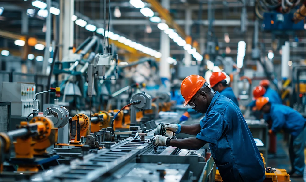 People working on an assembly line.