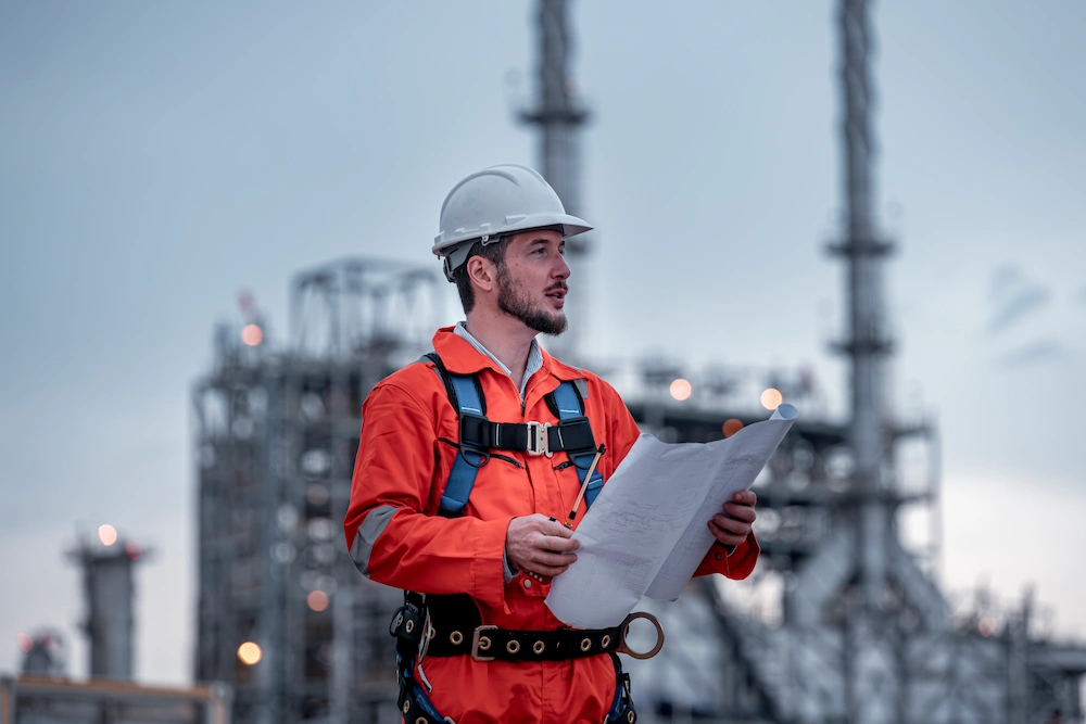 Site engineer reviewing documents.